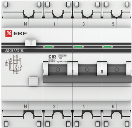 Дифференциальный автомат АД-32 3P+N 63А/30мА (хар. C, AC, электронный, защита 270В) 4,5кА EKF PROxim
