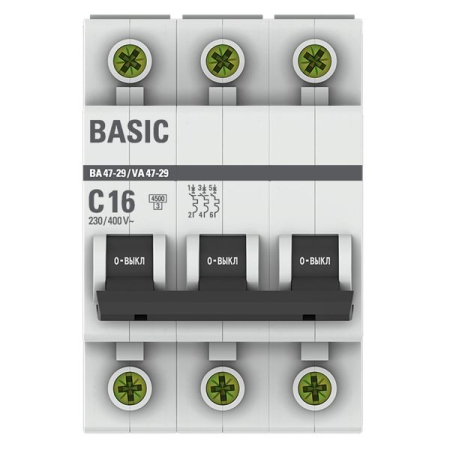 Автоматический выключатель 3P 16А (C) 4,5кА ВА 47-29 EKF Basic