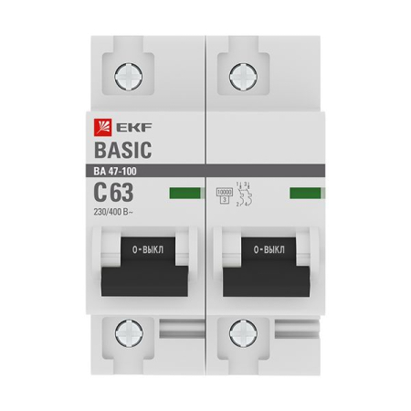 Автоматический выключатель 2P  63А (C) 10kA ВА 47-100 EKF Basic