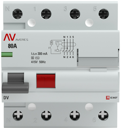 Устройство защитного отключения DV 4P  80А/300мА (S) EKF AVERES