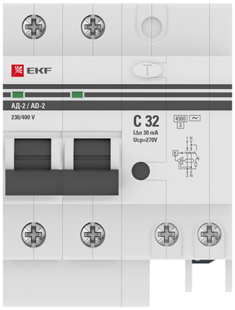 Дифференциальный автомат АД-2 32А/ 30мА (хар. C, AC, электронный, защита 270В) 4,5кА EKF PROxima