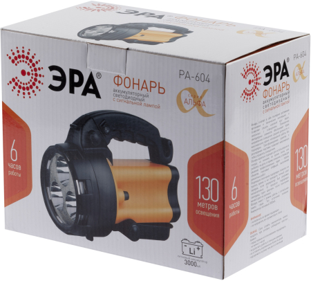 Фонарь PA-604  ЭРА прожектор АЛЬФА [3x1Вт LED SMD, литий 3Ач, сигнал.св., ЗУ 220V+12V, карт]