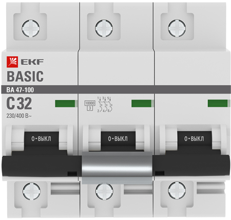 Автоматический выключатель 3P  32А (C) 10kA ВА 47-100 EKF Basic