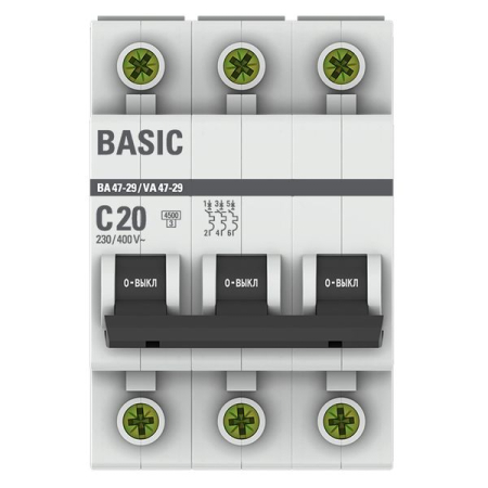 Автоматический выключатель 3P 20А (C) 4,5кА ВА 47-29 EKF Basic