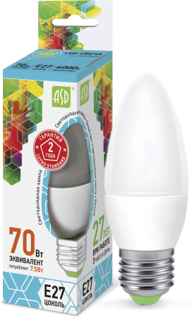 Лампа светодиодная LED-СВЕЧА-standard 7.5Вт 230В Е27 4000К 675Лм ASD