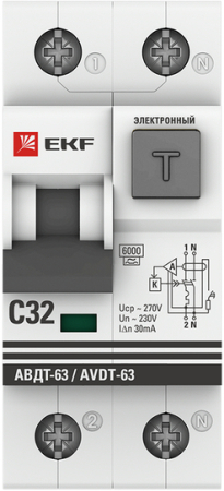 Дифференциальный автомат АВДТ-63 32А/30мА (характеристика С, электронный, тип А) 6кА EKF PROxima