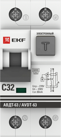 Дифференциальный автомат АВДТ-63 32А/30мА (характеристика С, электронный, тип А) 6кА EKF PROxima