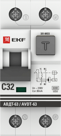 Дифференциальный автомат АВДТ-63 32А/30мА (характеристика C, эл-мех, тип А) 6кА EKF PROxima