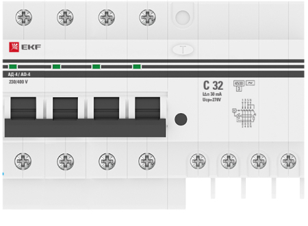 Дифференциальный автомат АД-4 32А/ 30мА (хар. C, AC, электронный, защита 270В) 4,5кА EKF PROxima