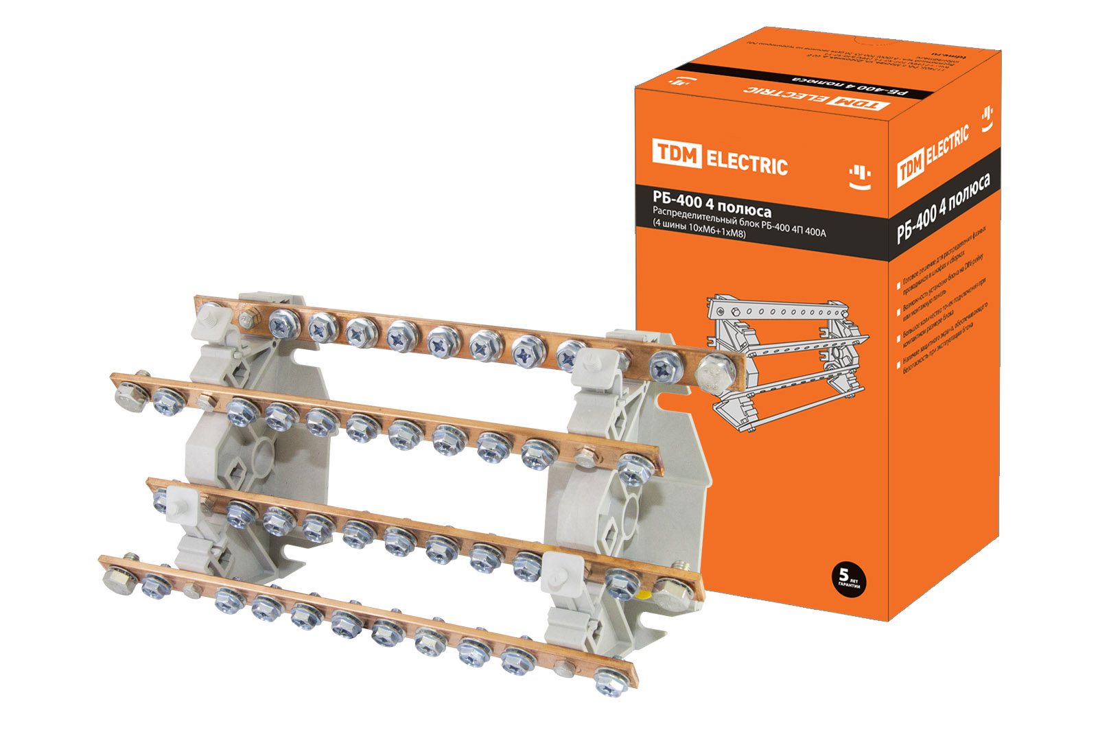 Распределительный блок РБ-400 4П 400А (4 шины 10xM6+1хM8) TDM купить в  Москве 6 572.48 ₽/шт - SQ0823-0010