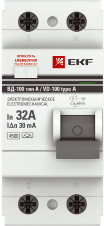 Устройство Защитного Отключения ВД-100 2P 32А/30мА (эл-мех, тип А) EKF PROxima
