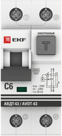 Дифференциальный автомат АВДТ-63 6А/30мА (характеристика С, электронный, тип А) 6кА EKF PROxima