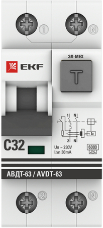 Дифференциальный автомат АВДТ-63 32А/30мА (характеристика C, эл-мех, тип А) 6кА EKF PROxima