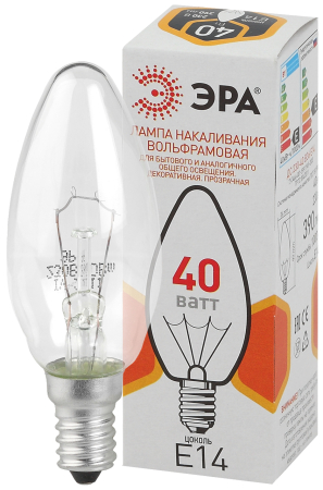 ДС 40-230-E14-CL  Лампочка ЭРА B36 40Вт Е14 / E14 230В свечка прозрачная цветная упаковка