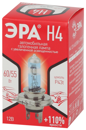 H4+110%  ЭРА Автолампа   H4 12V 55W +110% P43t (лампа головного света)