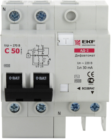 Дифференциальный автомат АД-2 25А/30мА (характеристика C, тип AC) 4,5кА EKF