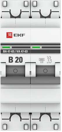 Автоматический выключатель 2P 20А (B) 6кА ВА 47-63 EKF PROxima