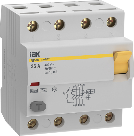 УЗО KARAT ВД3-63 4P 25А 10мА 6кА тип AC IEK