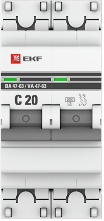 Автоматический выключатель 2P 20А (C) 6кА ВА 47-63 EKF PROxima