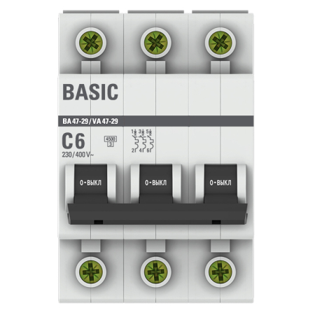 Автоматический выключатель 3P  6А (C) 4,5кА ВА 47-29 EKF Basic