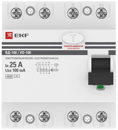 Устройство защитного отключения УЗО ВД-100 4P 25А/100мА (электромеханическое) EKF PROxima