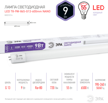 Лампа светодиодная  ЭРА LED smd T8-9w-865-G13 600mm NANO