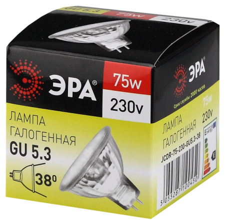 Лампа галогенная GU5.3-JCDR (MR16) -75W-230V-CL  ЭРА (галоген, софит, 75Вт, нейтр, GU5.3)