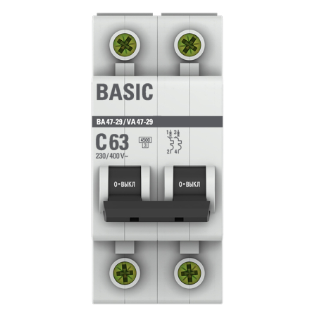 Автоматический выключатель 2P 63А (C) 4,5кА ВА 47-29 EKF Basic