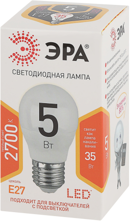 Лампа светодиодная Эра LED P45-5W-827-E27 (диод, шар, 5Вт, тепл, E27)