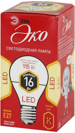 Лампы СВЕТОДИОДНЫЕ ЭКО ECO LED A60-16W-827-E27  ЭРА (диод, груша, 16Вт, тепл, E27)